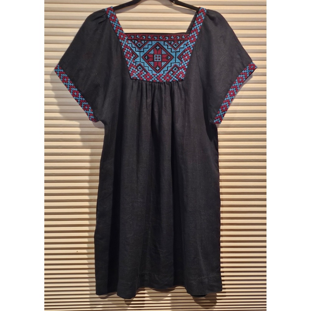 Madewell Black 100% Linen Embroidered Square Neck Shift Dress E8127 Womens M